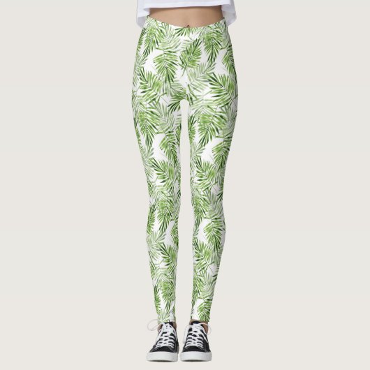Groene palmbladeren. Waterverf patroon Leggings (Voorkant)