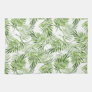 Groene palmbladeren. Waterverf patroon Theedoek