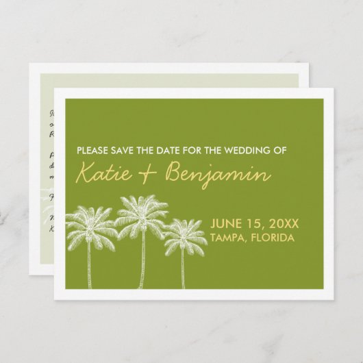 Groene palmbomen zomerse bruiloft chic save the da aankondigingskaart (Voorkant / Achterkant)