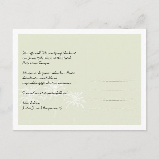 Groene palmbomen zomerse bruiloft chic save the da aankondigingskaart (Achterkant)