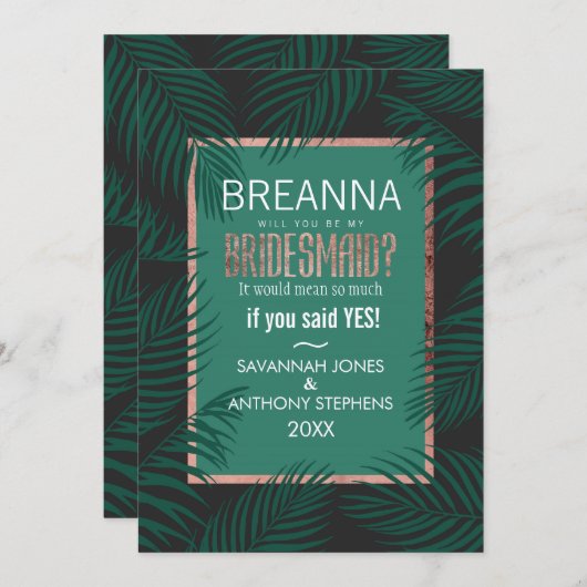 Groene palmboom bladeren Zwarte roos gouden bruids Kaart (Voorkant / Achterkant)