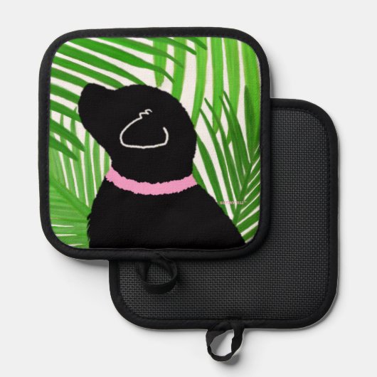 Groene palmboom eiland zwarte hond pot houder (Voorkant / Achterkant)