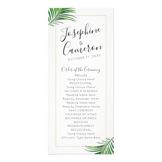 Groene palmboom strand bestemming bruiloft program reclamekaart (Voorkant)