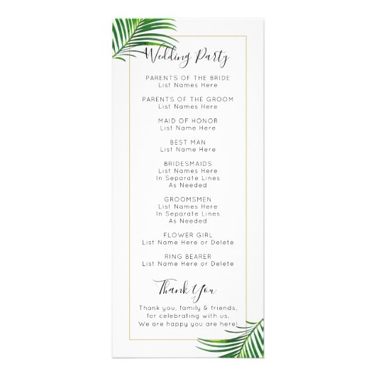Groene palmboom strand bestemming bruiloft program reclamekaart (Achterkant)