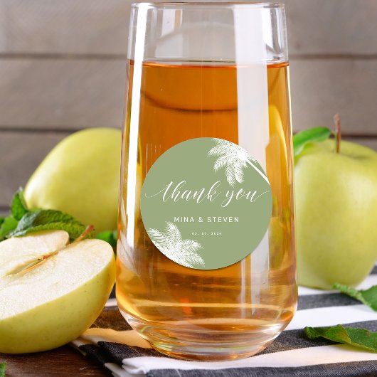 Groene palmboom tropisch dank u bruiloft ronde sticker