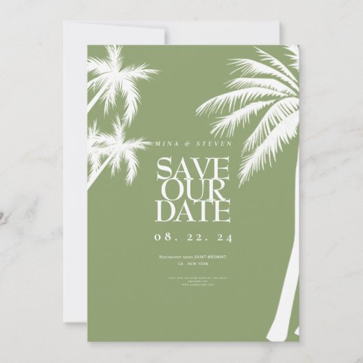 Groene palmboom tropische bruiloft save the date (Voorkant)