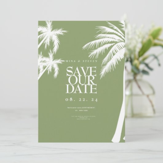 Groene palmboom tropische bruiloft save the date (Staand voorkant)