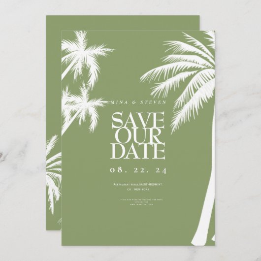 Groene palmboom tropische bruiloft save the date (Voorkant / Achterkant)