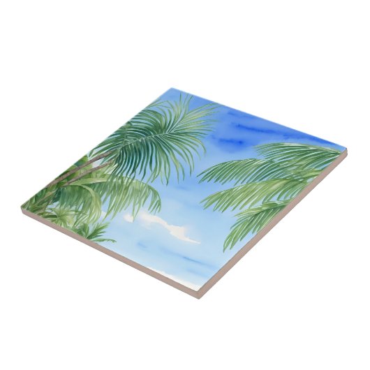 Groene palmboom verlaat Blue Sky Waterverf Tegeltje (Zijkant)