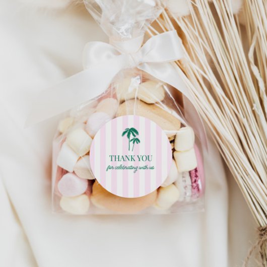 Groene palmen roze strepen ronde sticker