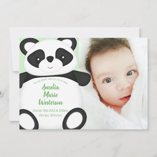 Groene Panda Beer Baby Birth Announement Kaart (Voorkant)