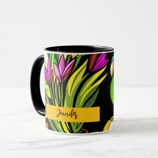 Groene papegaai met sinaasappel en geel mok (Voorkant links)