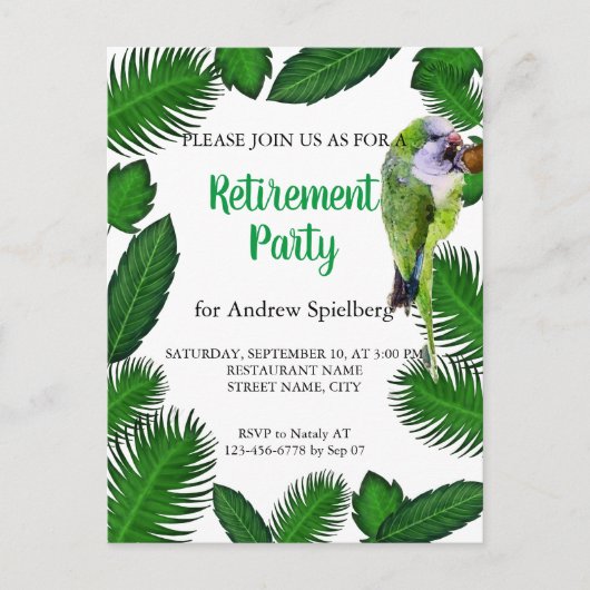 Groene papegaaien en palmbladeren — Uittredingsuit Briefkaart (Voorkant)