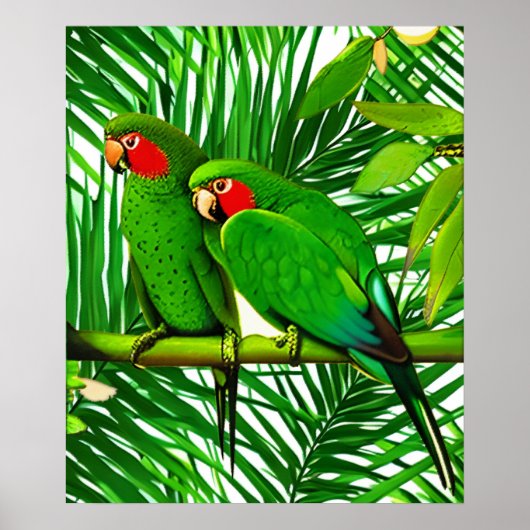 Groene Papegaaien Koppel in een Jungle Setting Poster (Voorkant)