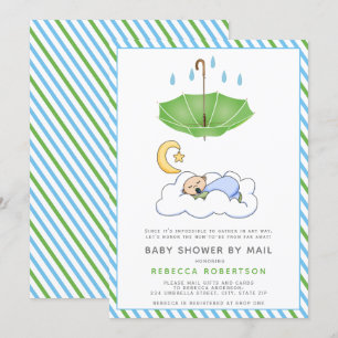 Groene paraplu, slapende baby boy douche per post kaart