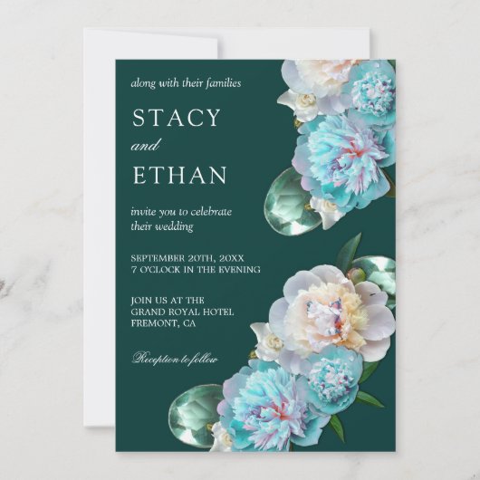 Groene Pareltjes en turquoise pioenen bloemenbruil Kaart (Voorkant)