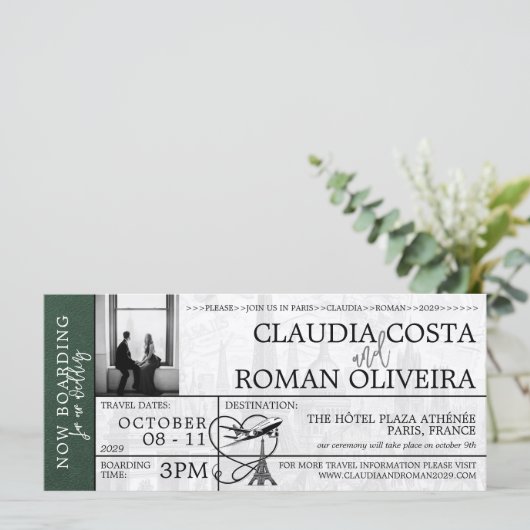 Groene Parijs bruiloft instapkaart uitnodiging (Staand voorkant)