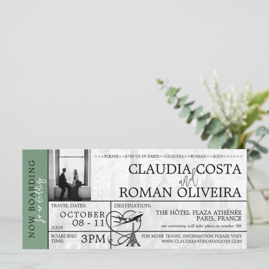 Groene Parijs bruiloft instapkaart uitnodiging (Staand voorkant)