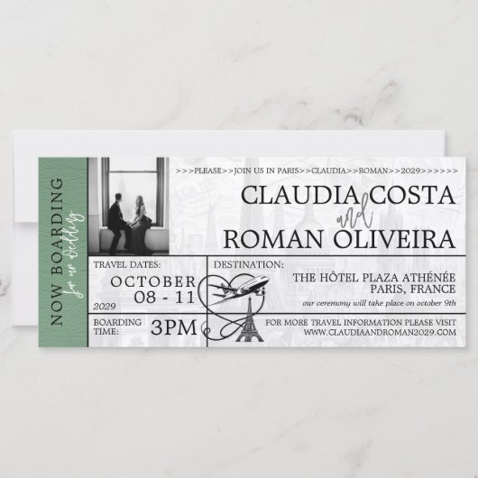 Groene Parijs bruiloft instapkaart uitnodiging (Voorkant)