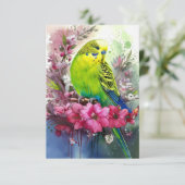 Groene parkiet en bloesems bedankkaart (Staand voorkant)