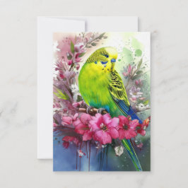 Groene parkiet en bloesems bedankkaart