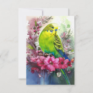 Groene parkiet en bloesems bedankkaart