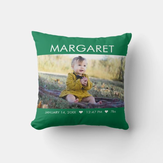 Groene Pasgeboren Baby Foto Keepsake Kussen (Voorkant)