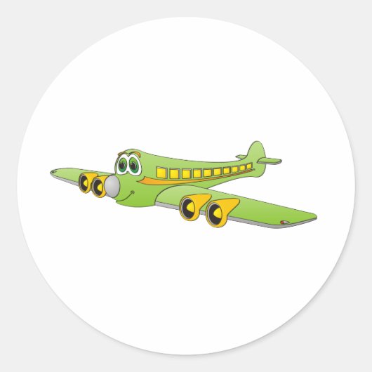 Groene Passenger Jet Cartoon Ronde Sticker (Voorkant)