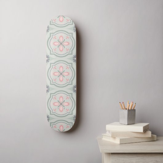Groene Pastel Bloemtegels Persoonlijk Skateboard (Muurkunst)