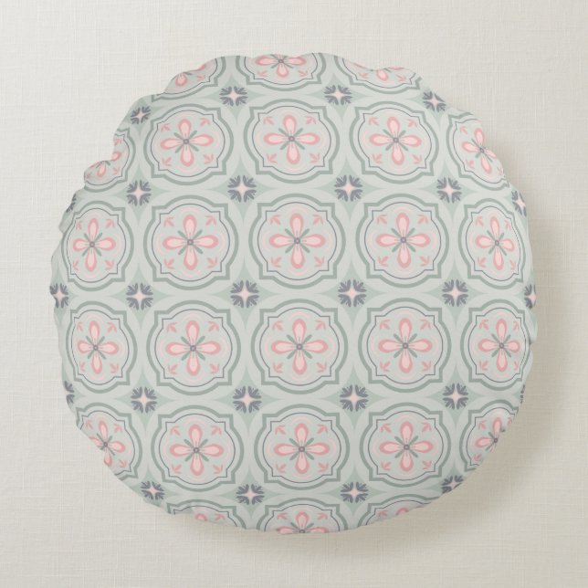Groene Pastel Bloemtegels Rond Kussen (Voorkant)