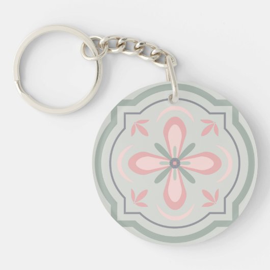 Groene Pastel Bloemtegels Sleutelhanger (Voorkant)