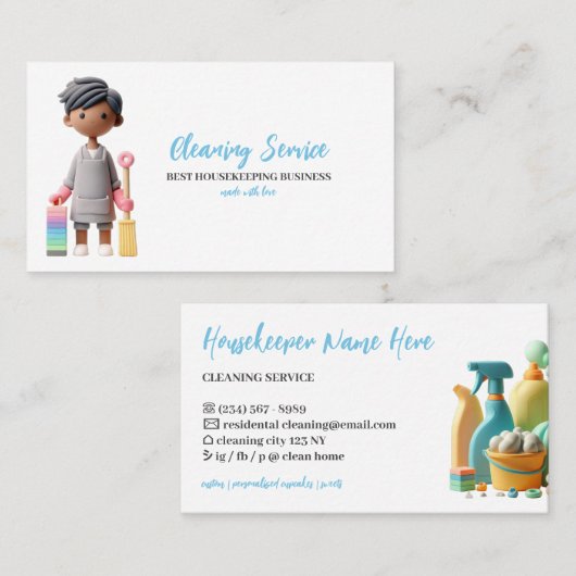 Groene Pastel Cartoon man Reiniging Visitekaartje (Voorkant / Achterkant)