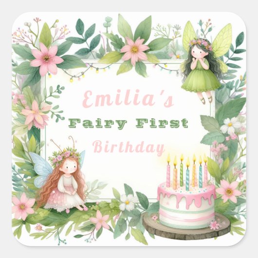 Groene Pastel Fairy Eerste Verjaardag - Vierkante Sticker (Voorkant)