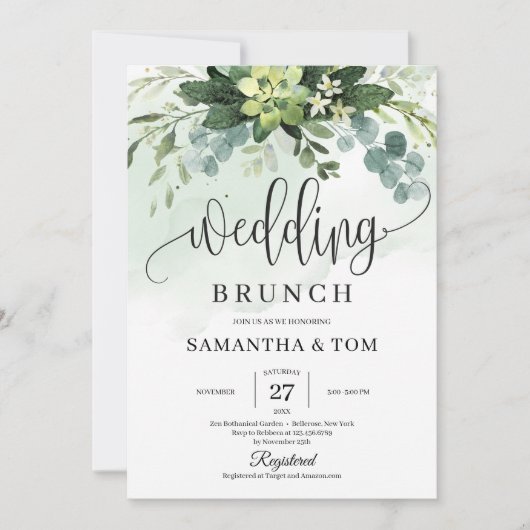 Groene pastelse waterverf sappige bruiloft kaart (Voorkant)