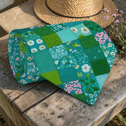 Groene patchworkpatroon op maat gemaakte das