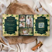 groene pauwenveren QR code bruiloft Drieluik Uitnodiging