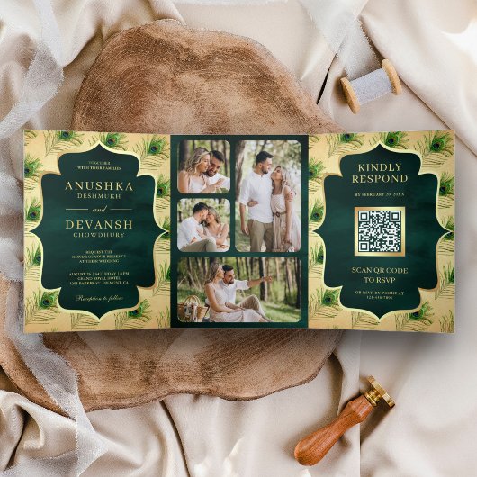 groene pauwenveren QR code bruiloft Drieluik Uitnodiging