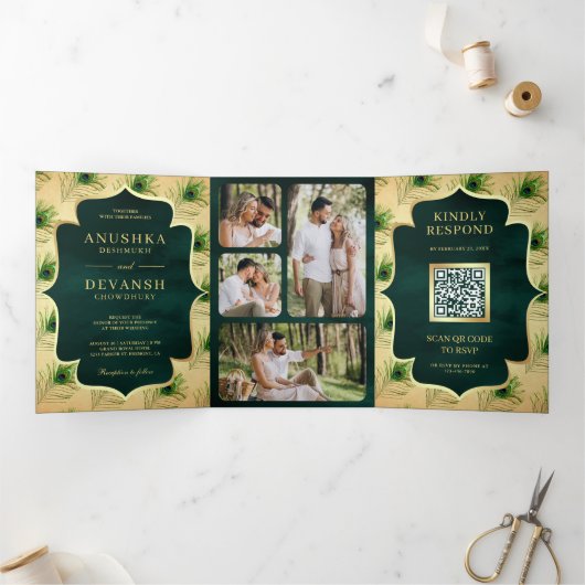 groene pauwenveren QR code bruiloft Drieluik Uitnodiging (Binnen)