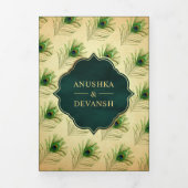 groene pauwenveren QR code bruiloft Drieluik Uitnodiging (Cover)