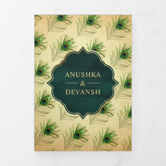  groene pauwenveren QR code bruiloft Drieluik Uitnodiging (Cover)