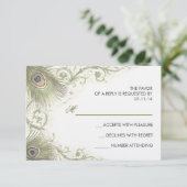 groene pauwenveren vintage bruiloft RSVP kaarten (Staand voorkant)