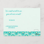 Groene pauwveer save the date briefkaart (Achterkant)