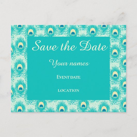 Groene pauwveer save the date briefkaart (Voorkant)