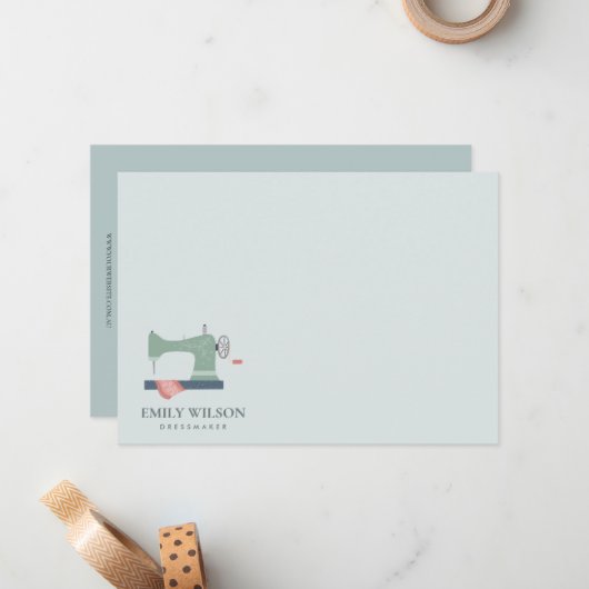 GROENE PEACH PINK SEWWING MACHINE TAILOR BUSINESS NOTITIEKAARTJE (Voorkant / Achterkant in situ)