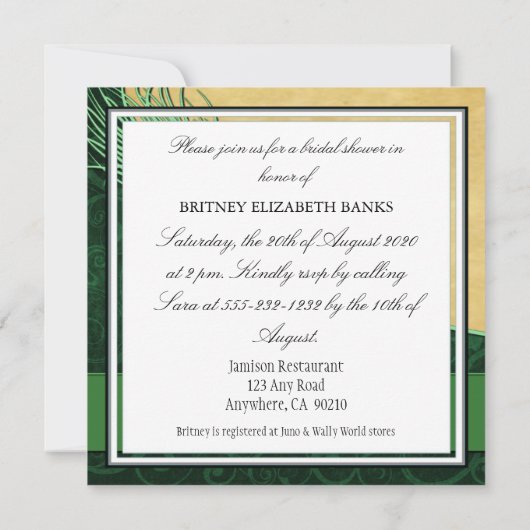 Groene  Peacock Bridal Shower Invitations Kaart (Achterkant)