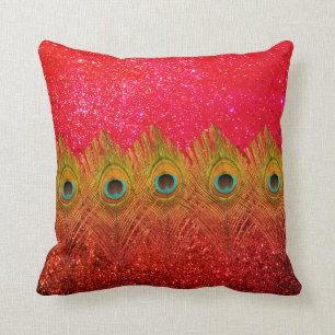 Groene Peacock Feathers Glittery Red Colorful Cute Kussen