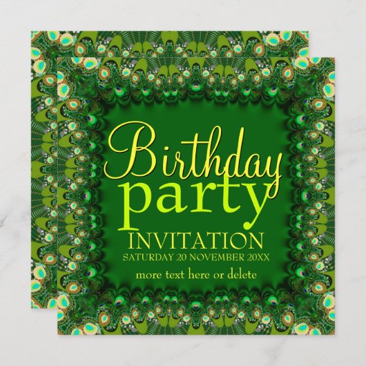 Groene Peacock Lace verjaardagsfeestje uitnodiging (Voorkant / Achterkant)