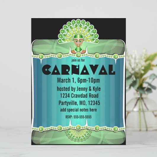 Groene Peacock Lady Carnaval Uitnodigingen (Staand voorkant)