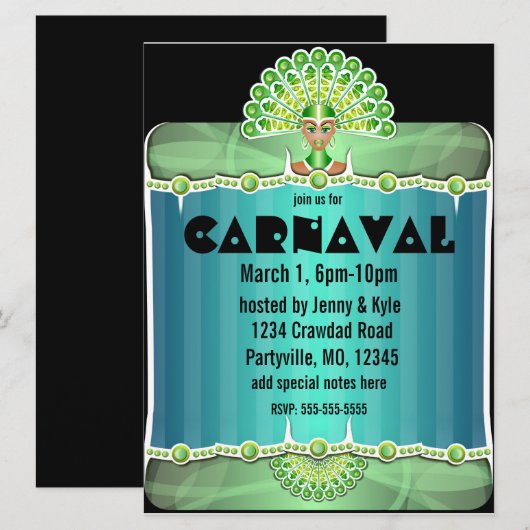 Groene Peacock Lady Carnaval Uitnodigingen (Voorkant / Achterkant)