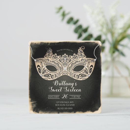  Groene Pearl Masquerade Mask Sweet 16 Party Kaart (Staand voorkant)